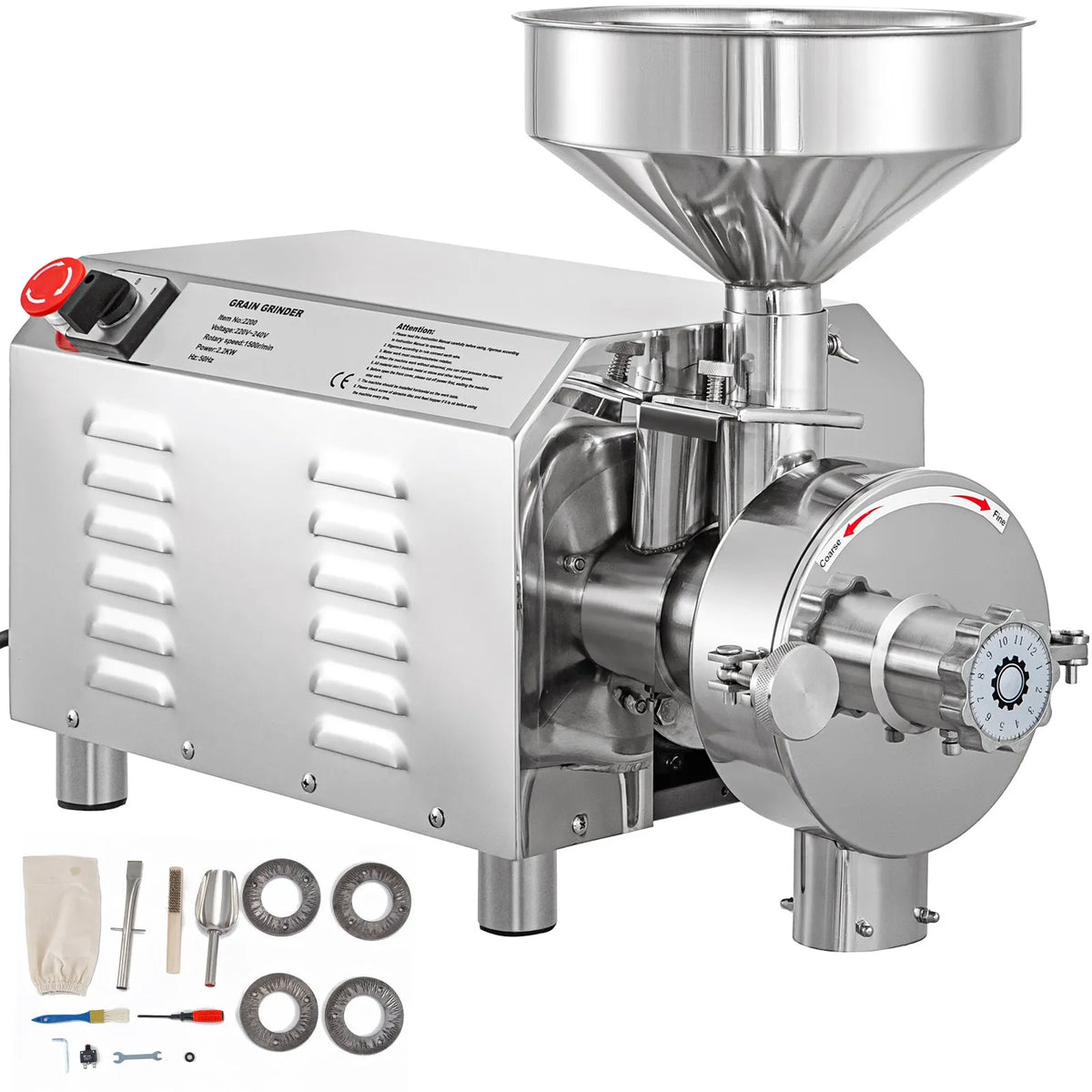 VEVOR 2,2 kW komerciālā graudu malšanas iekārta, elektriskās graudu dzirnaviņas ar jaudu 30–50 kg/h, 50 kg ietilpības pulvera malšanas iekārta no nerūsējošā tērauda, piemērota sausu graudu, sojas pupu, garšvielu un kafijas malšanai