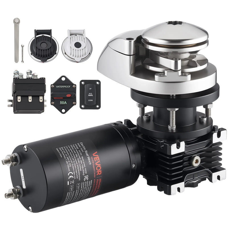 VEVOR vertikāla enkura vinča laivām, 12 V līdzstrāva 600 W, piemērota 6,35 mm ķēdei vai 14,3–15,9 mm neilona virvei, maksimālā vilkme 320 kg, 316 nerūsējošā tērauda konstrukcija, laivām 6–11 m