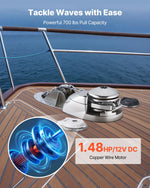 VEVOR vertikāla enkura vinča laivām, 12 V līdzstrāva 600 W, piemērota 6,35 mm ķēdei vai 14,3–15,9 mm neilona virvei, maksimālā vilkme 320 kg, 316 nerūsējošā tērauda konstrukcija, laivām 6–11 m
