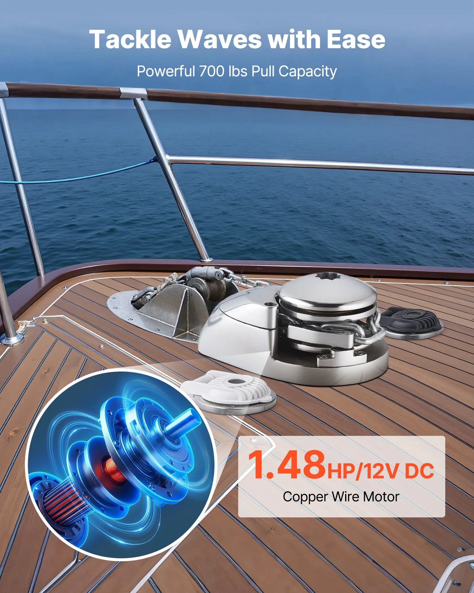 VEVOR vertikāla enkura vinča laivām, 12 V līdzstrāva 600 W, piemērota 6,35 mm ķēdei vai 14,3–15,9 mm neilona virvei, maksimālā vilkme 320 kg, 316 nerūsējošā tērauda konstrukcija, laivām 6–11 m