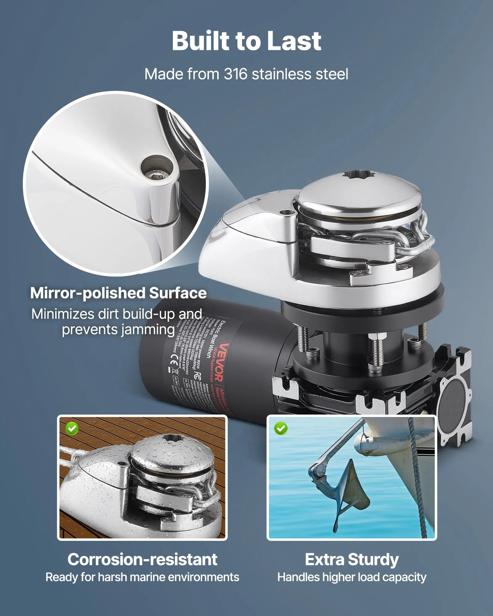 VEVOR vertikāla enkura vinča laivām, 12 V līdzstrāva 600 W, piemērota 6,35 mm ķēdei vai 14,3–15,9 mm neilona virvei, maksimālā vilkme 320 kg, 316 nerūsējošā tērauda konstrukcija, laivām 6–11 m