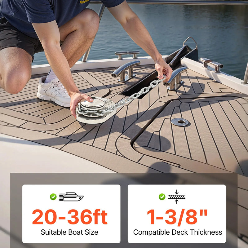 VEVOR vertikāla enkura vinča laivām, 12 V līdzstrāva 600 W, piemērota 6,35 mm ķēdei vai 14,3–15,9 mm neilona virvei, maksimālā vilkme 320 kg, 316 nerūsējošā tērauda konstrukcija, laivām 6–11 m