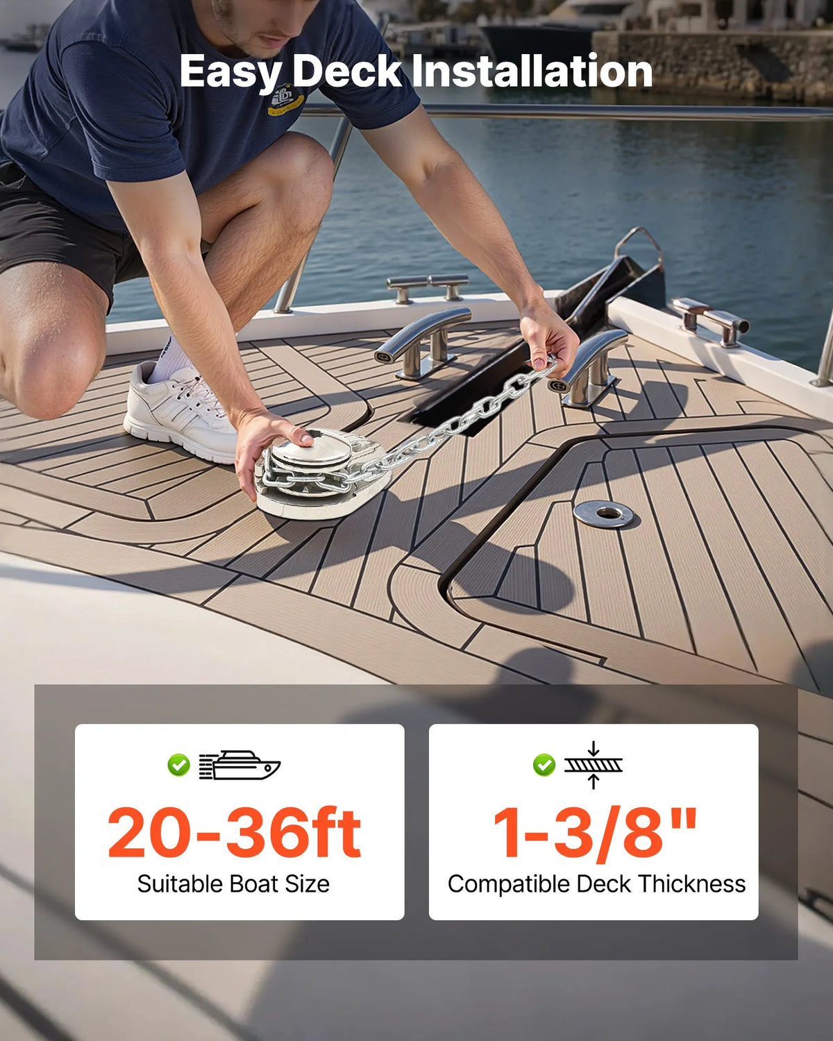 VEVOR vertikāla enkura vinča laivām, 12 V līdzstrāva 600 W, piemērota 6,35 mm ķēdei vai 14,3–15,9 mm neilona virvei, maksimālā vilkme 320 kg, 316 nerūsējošā tērauda konstrukcija, laivām 6–11 m