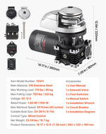 VEVOR vertikāla enkura vinča laivām, 12 V līdzstrāva 600 W, piemērota 6,35 mm ķēdei vai 14,3–15,9 mm neilona virvei, maksimālā vilkme 320 kg, 316 nerūsējošā tērauda konstrukcija, laivām 6–11 m