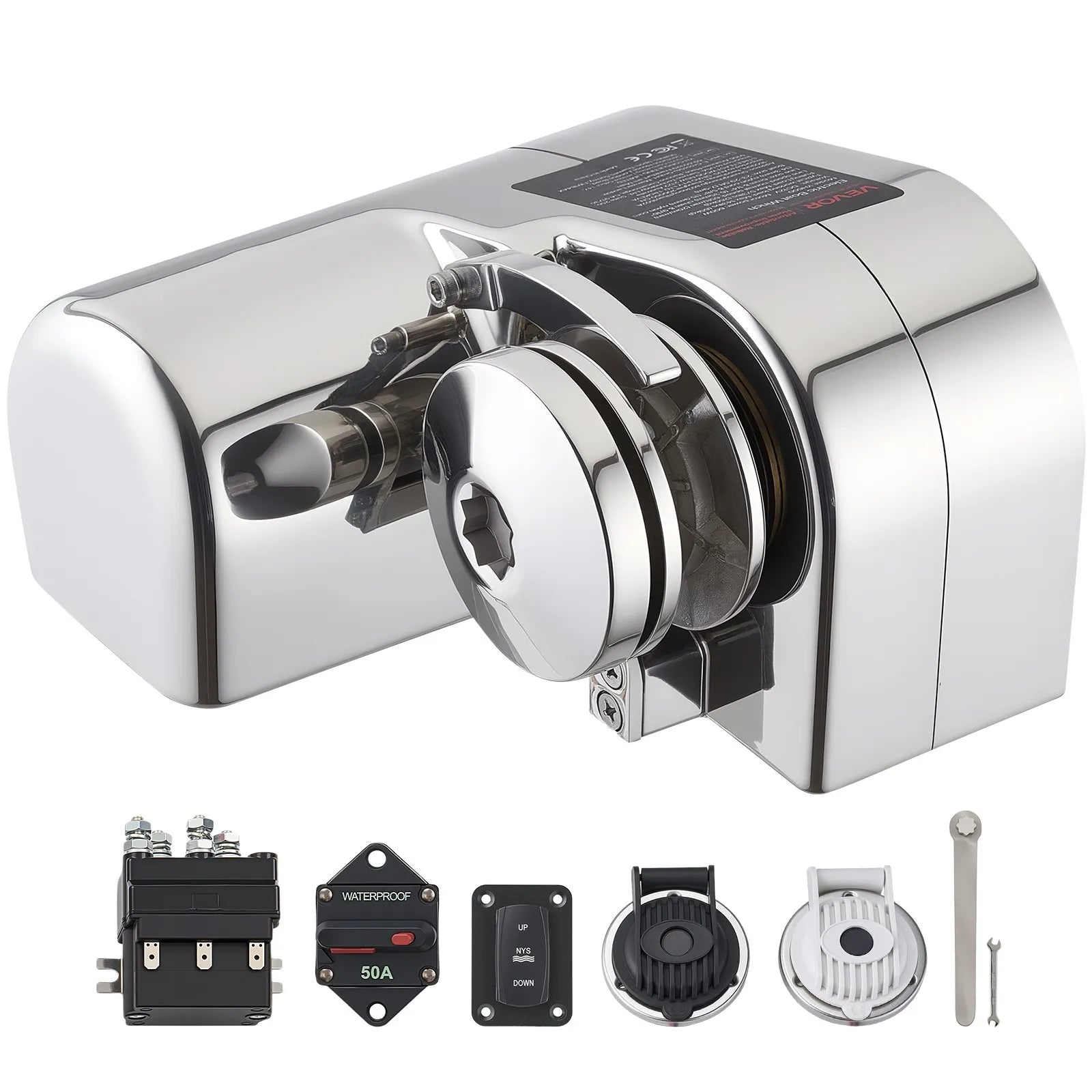 VEVOR horizontāla enkura vinča laivām, 12 V līdzstrāva 600 W, paredzēta 6,35 mm ķēdei vai 14,3–15,9 mm neilona virvei, maksimālā vilkme 260 kg, 316 nerūsējošais tērauds, laivām 7–9 m