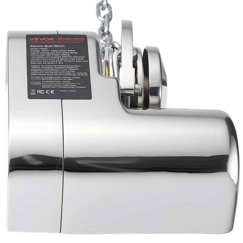 VEVOR horizontāla enkura vinča laivām, 12 V līdzstrāva 600 W, paredzēta 6,35 mm ķēdei vai 14,3–15,9 mm neilona virvei, maksimālā vilkme 260 kg, 316 nerūsējošais tērauds, laivām 7–9 m