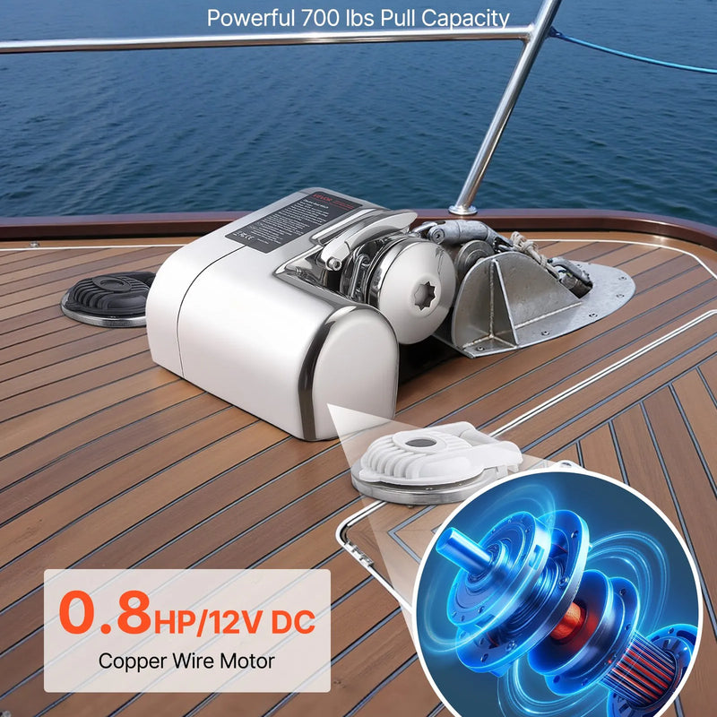VEVOR horizontāla enkura vinča laivām, 12 V līdzstrāva 600 W, paredzēta 6,35 mm ķēdei vai 14,3–15,9 mm neilona virvei, maksimālā vilkme 260 kg, 316 nerūsējošais tērauds, laivām 7–9 m