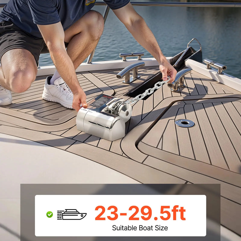 VEVOR horizontāla enkura vinča laivām, 12 V līdzstrāva 600 W, paredzēta 6,35 mm ķēdei vai 14,3–15,9 mm neilona virvei, maksimālā vilkme 260 kg, 316 nerūsējošais tērauds, laivām 7–9 m