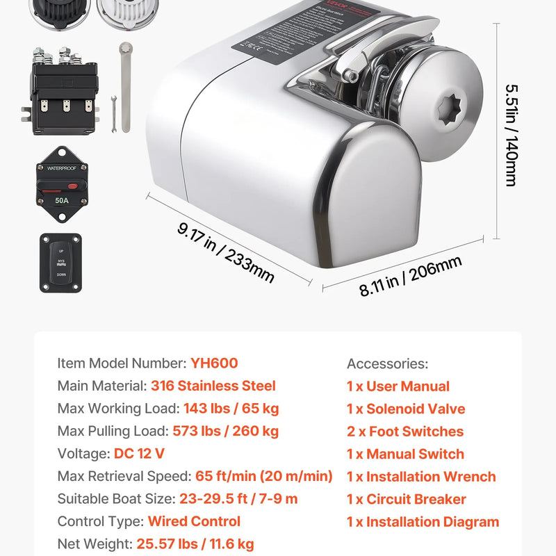 VEVOR horizontāla enkura vinča laivām, 12 V līdzstrāva 600 W, paredzēta 6,35 mm ķēdei vai 14,3–15,9 mm neilona virvei, maksimālā vilkme 260 kg, 316 nerūsējošais tērauds, laivām 7–9 m