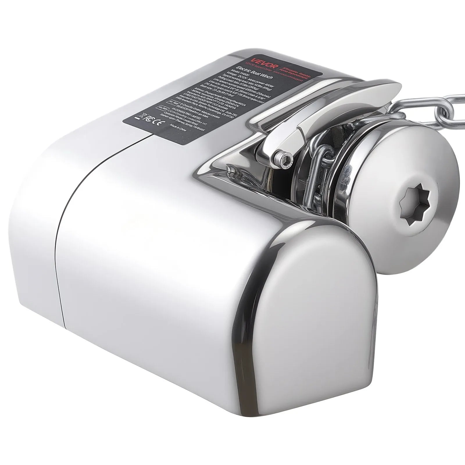 VEVOR horizontāla enkura vinča laivām, 12 V līdzstrāva 600 W, paredzēta 6,35 mm ķēdei vai 14,3–15,9 mm neilona virvei, maksimālā vilkme 260 kg, 316 nerūsējošais tērauds, laivām 7–9 m