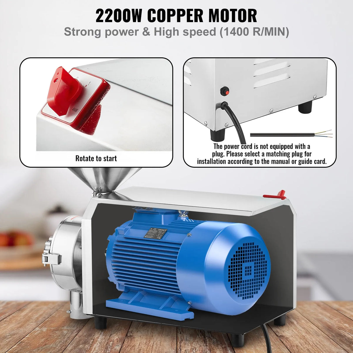 VEVOR komerciālais sojas un graudu dzirnavu malšanas aparāts, 2200 W nerūsējošā tērauda graudu dzirnavas, jauda 50 kg/h, piemērots kukurūzai, pipariem, sojai, zemesriekstiem un citiem graudiem