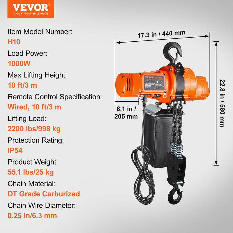 VEVOR electric chain hoist, single phase crane hoist, 1000 kg lifting capacity, 3 m lifting height