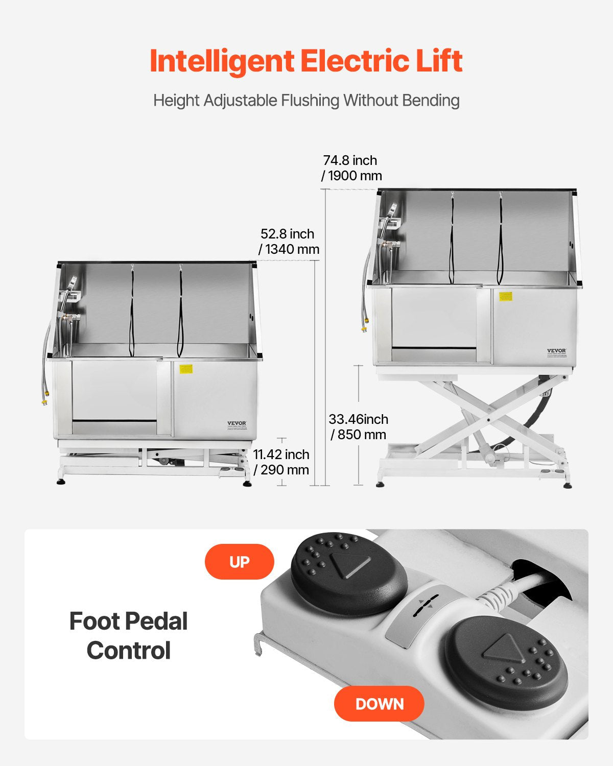 VEVOR 127 cm elektriski regulējama nerūsējošā tērauda suņu kopšanas vanna ar ūdens filtru (kreisā puse)