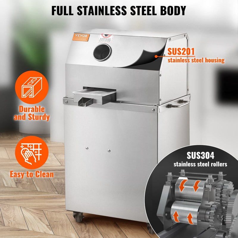 VEVOR 800W elektriskā cukurniedru sulas spiede – 300 kg/h ražība, 3 nerūsējošā tērauda ruļļi, 62 mm ieplūdes atvere