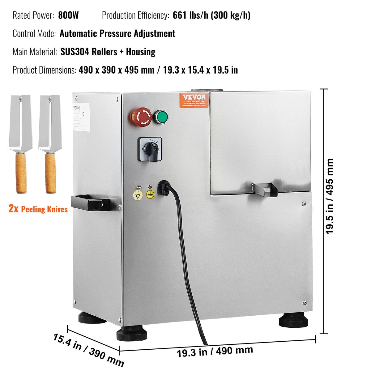 VEVOR 800W elektriskā cukurniedru spiede, 300 kg/h izeja, 4 ruļļi, 60 mm ieeja