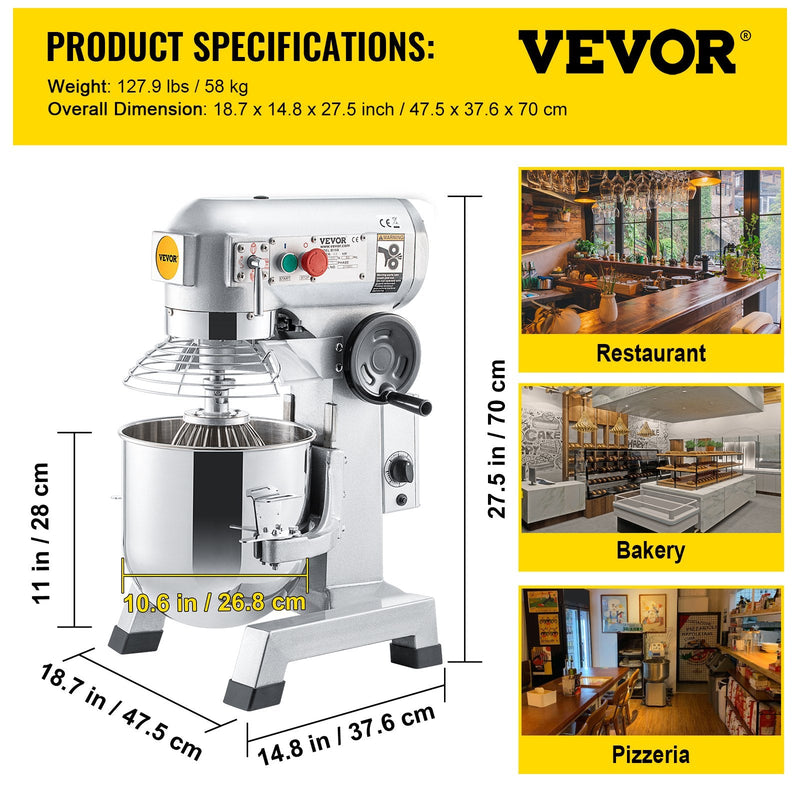VEVOR Komerciālais Stāvošais Mikseris, 15L Nerūsējošā Tērauda Bļoda, 850W Jaudīgs Elektriskais Mikseris ar 3 Regulējamiem Ātrumiem (113/184/341 RPM), Komplektā Mīklas Āķis, Putotājs un Miksētājs, Ideāli piemērots Ceptuvēm un Picērijām