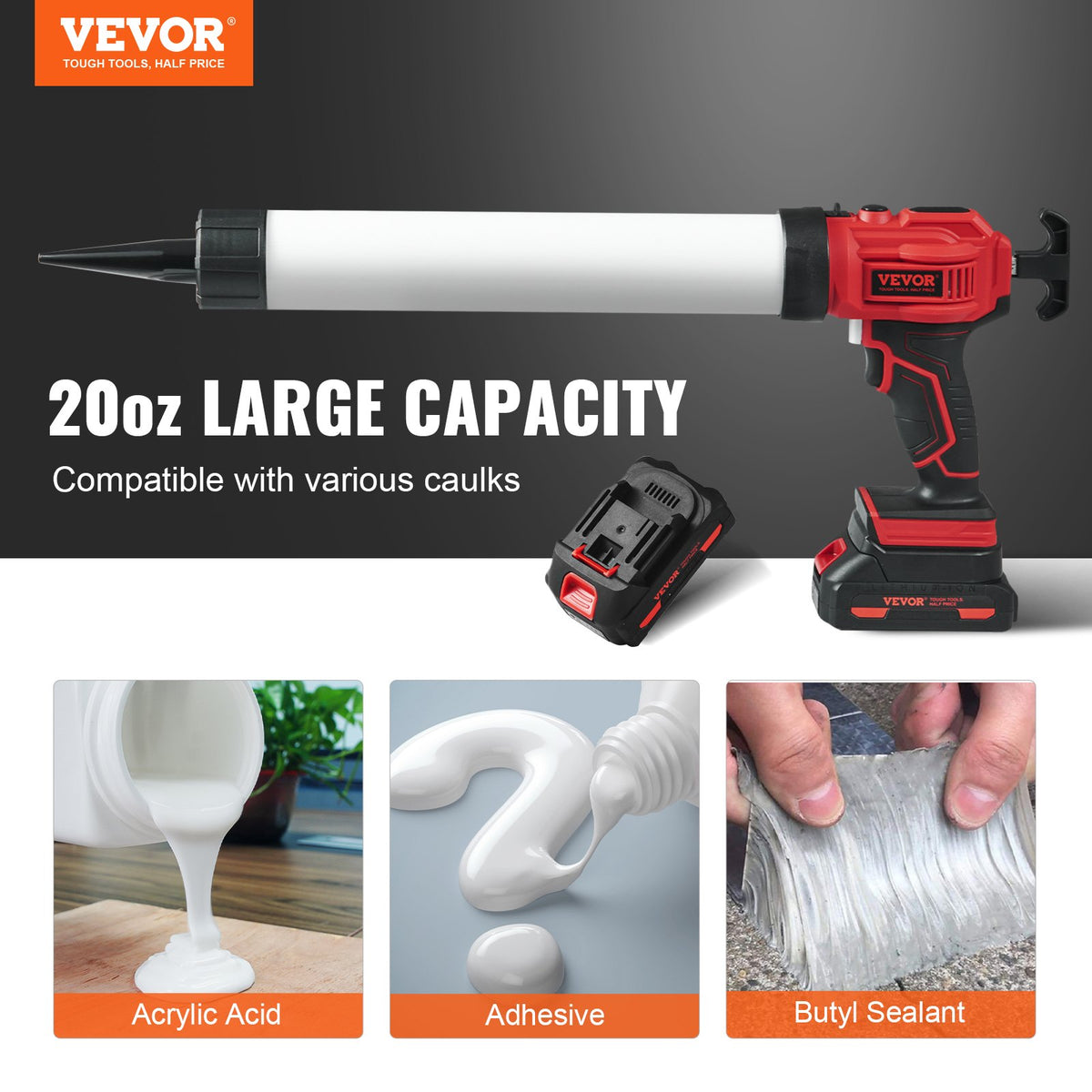 VEVOR juhtmeta hermeetikapüstol 20 V, 600 ml, 4 reguleeritava kiirusega