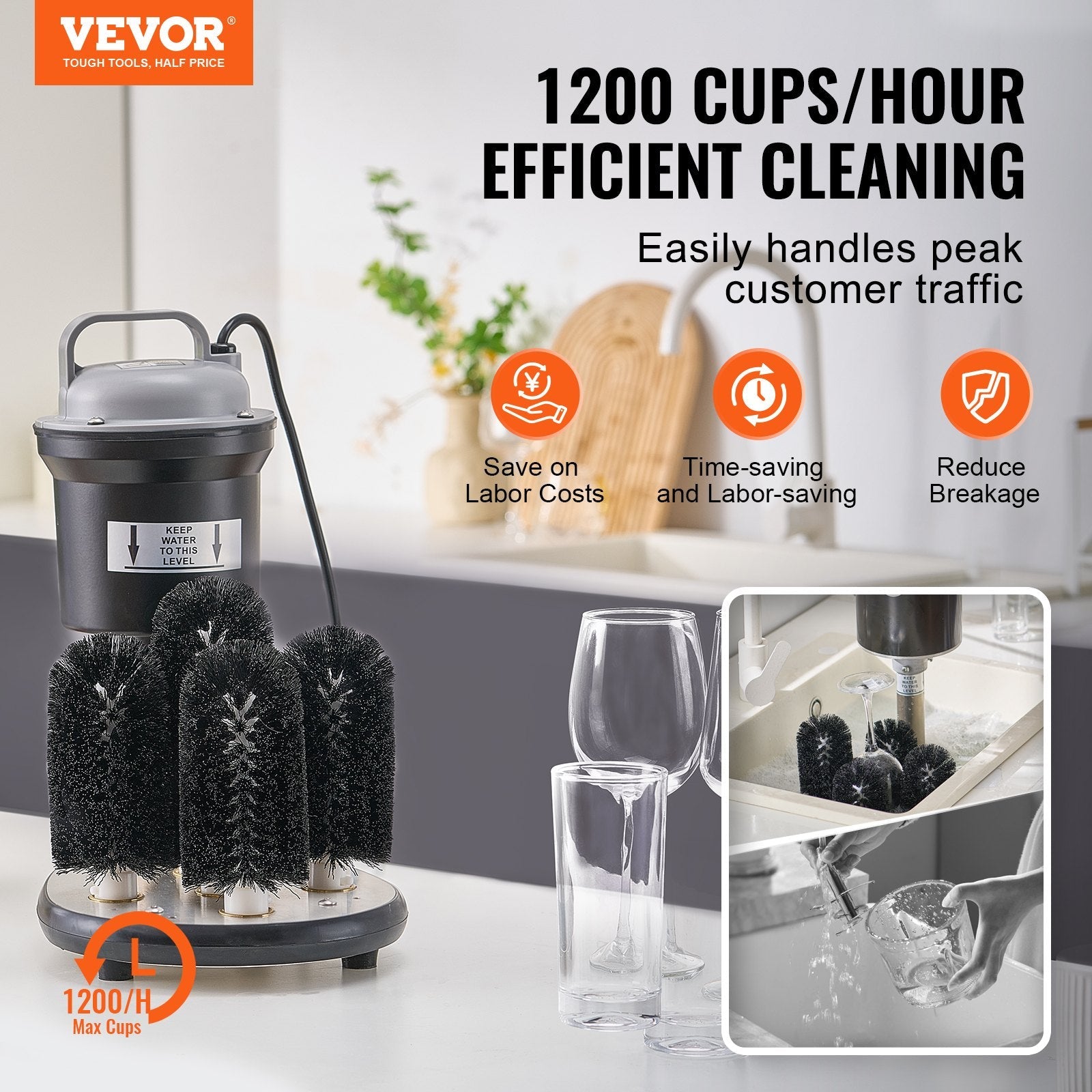 VEVOR elektriskais glāžu mazgātājs ar 5 birstēm, 1200 glāzes/stundā