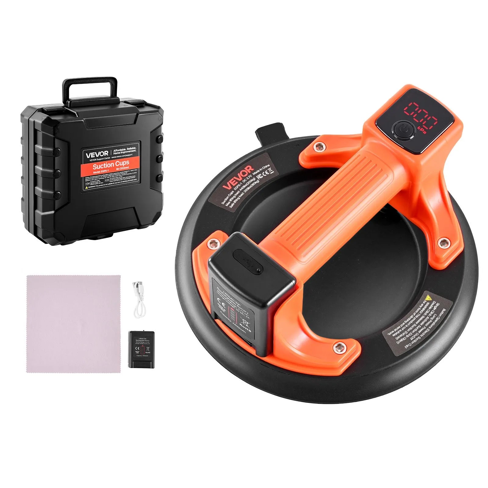 VEVOR Electric Vacuum Lifter, 203 mm, glass and tile lifter with a digital display for vacuum power and battery level, maximum lifting capacity 200 kg, suitable for tiles and granite, 1 pc.