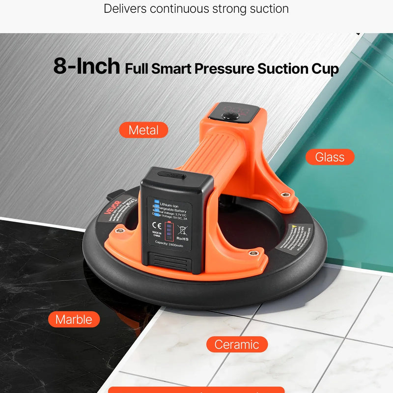 VEVOR elektriskais vakuuma piesūceknis 203 mm, stikla un flīžu pacēlājs ar digitālo displeju vakuuma jaudai un akumulatora līmenim, maksimālā celtspēja 200 kg, piemērots flīzēm un granītam, 1 gab.