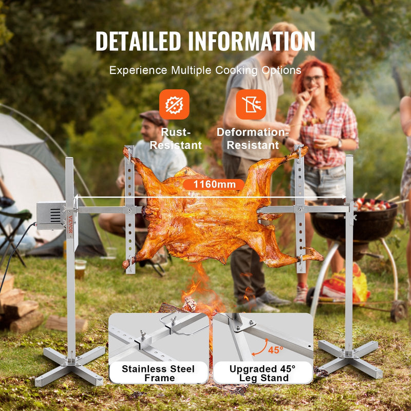 VEVOR 116,8 cm elektrisks BBQ rotējošais grila komplekts, nerūsējošā tērauda grils, cūkai vai jēram līdz 40,8 kg