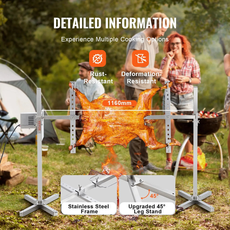 VEVOR 116,8 cm elektrisks BBQ rotējošais grila komplekts, nerūsējošā tērauda grils, cūkai vai jēram līdz 59,9 kg