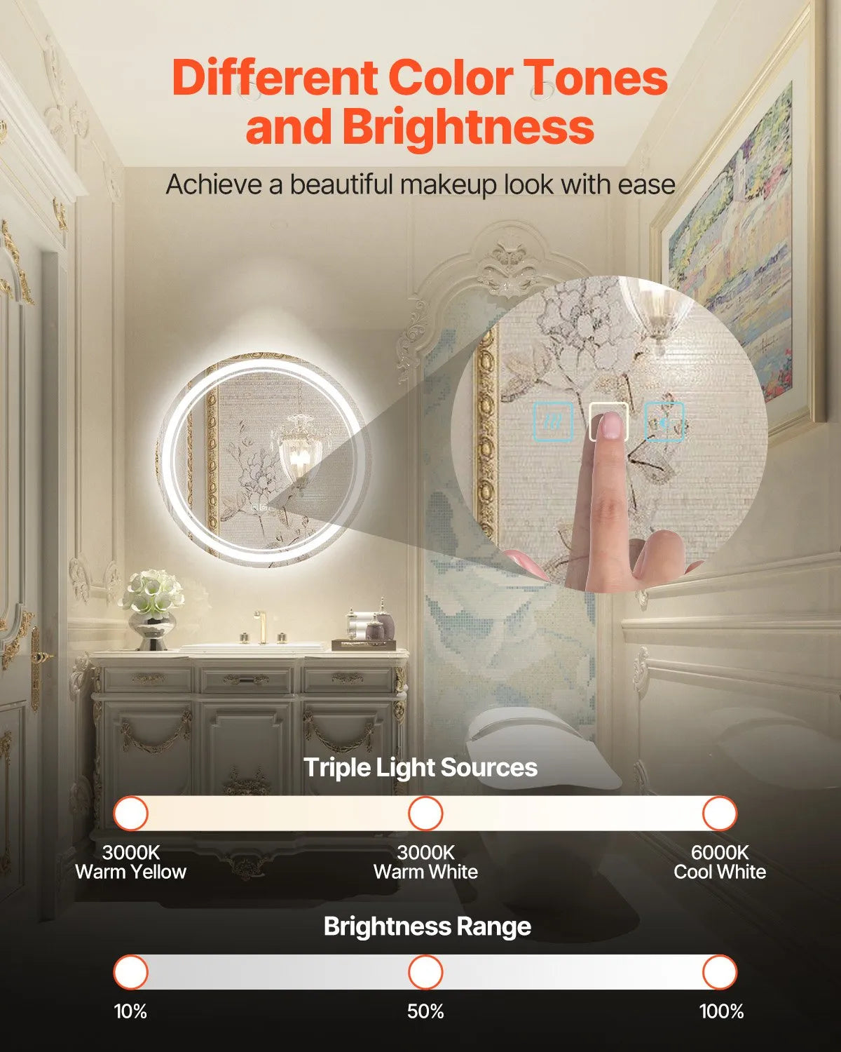 VEVOR LED vannas istabas spogulis, 60 cm apaļš LED sienas spogulis ar priekšējo un aizmugurējo apgaismojumu, pretaizsvīšanas funkciju un atmiņu, bezpakāpju 3 krāsu temperatūras regulējams apgaismojums
