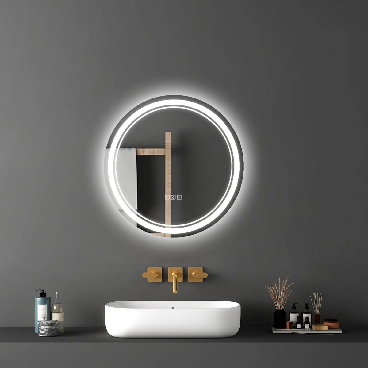 VEVOR LED vannas istabas spogulis, 60 cm apaļš LED sienas spogulis ar priekšējo un aizmugurējo apgaismojumu, pretaizsvīšanas funkciju un atmiņu, bezpakāpju 3 krāsu temperatūras regulējams apgaismojums