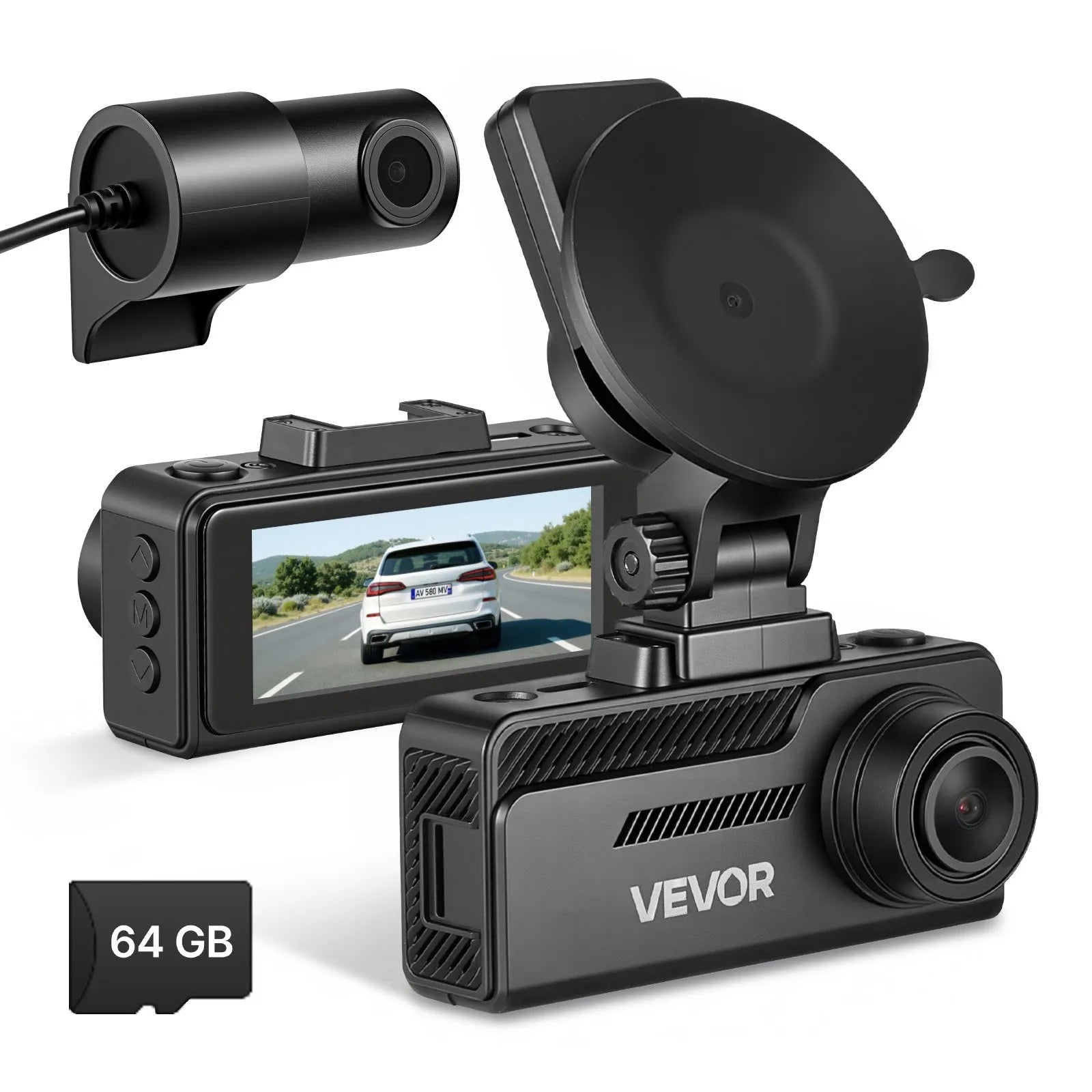 VEVOR auto videoreģistrators ar priekšējo un aizmugurējo kameru 4K + 1080p, 64 GB karte komplektā, dubultkanālu kamera ar GPS, G-sensoru, 129°/125° skata leņķi, 80,8 mm skārienekrānu, ciklisko ierakstu un stāvvietas režīmu