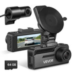VEVOR auto videoreģistrators ar priekšējo un aizmugurējo kameru 4K + 1080p, 64 GB karte komplektā, dubultkanālu kamera ar GPS, G-sensoru, 129°/125° skata leņķi, 80,8 mm skārienekrānu, ciklisko ierakstu un stāvvietas režīmu