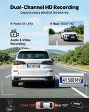 VEVOR auto videoreģistrators ar priekšējo un aizmugurējo kameru 4K + 1080p, 64 GB karte komplektā, dubultkanālu kamera ar GPS, G-sensoru, 129°/125° skata leņķi, 80,8 mm skārienekrānu, ciklisko ierakstu un stāvvietas režīmu