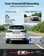VEVOR auto videoreģistrators ar priekšējo un aizmugurējo kameru 4K + 1080p, 64 GB karte komplektā, dubultkanālu kamera ar GPS, G-sensoru, 129°/125° skata leņķi, 80,8 mm skārienekrānu, ciklisko ierakstu un stāvvietas režīmu