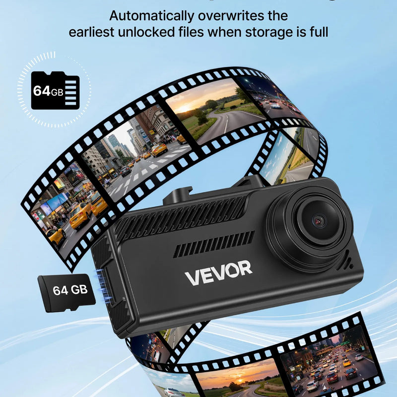 VEVOR auto videoreģistrators ar priekšējo un aizmugurējo kameru 4K + 1080p, 64 GB karte komplektā, dubultkanālu kamera ar GPS, G-sensoru, 129°/125° skata leņķi, 80,8 mm skārienekrānu, ciklisko ierakstu un stāvvietas režīmu