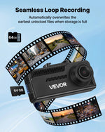 VEVOR auto videoreģistrators ar priekšējo un aizmugurējo kameru 4K + 1080p, 64 GB karte komplektā, dubultkanālu kamera ar GPS, G-sensoru, 129°/125° skata leņķi, 80,8 mm skārienekrānu, ciklisko ierakstu un stāvvietas režīmu