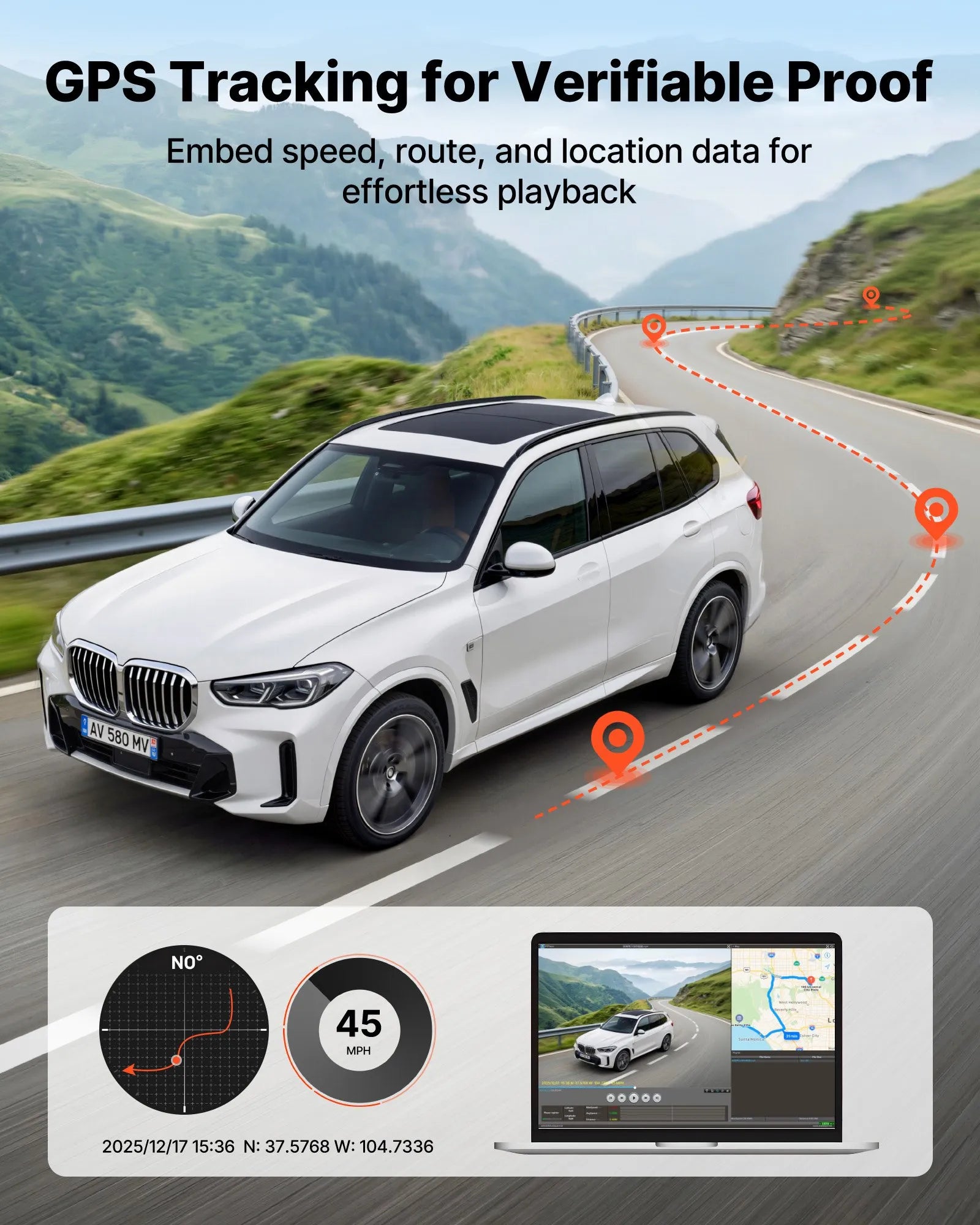 VEVOR auto videoreģistrators ar priekšējo un aizmugurējo kameru 4K + 1080p, 64 GB karte komplektā, dubultkanālu kamera ar GPS, G-sensoru, 129°/125° skata leņķi, 80,8 mm skārienekrānu, ciklisko ierakstu un stāvvietas režīmu