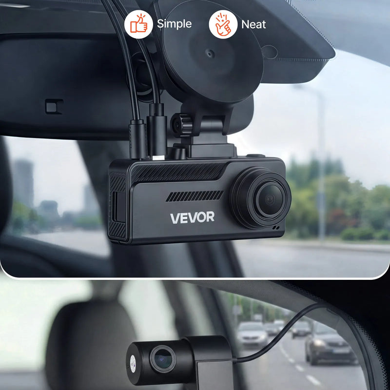 VEVOR auto videoreģistrators ar priekšējo un aizmugurējo kameru 4K + 1080p, 64 GB karte komplektā, dubultkanālu kamera ar GPS, G-sensoru, 129°/125° skata leņķi, 80,8 mm skārienekrānu, ciklisko ierakstu un stāvvietas režīmu