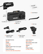 VEVOR auto videoreģistrators ar priekšējo un aizmugurējo kameru 4K + 1080p, 64 GB karte komplektā, dubultkanālu kamera ar GPS, G-sensoru, 129°/125° skata leņķi, 80,8 mm skārienekrānu, ciklisko ierakstu un stāvvietas režīmu