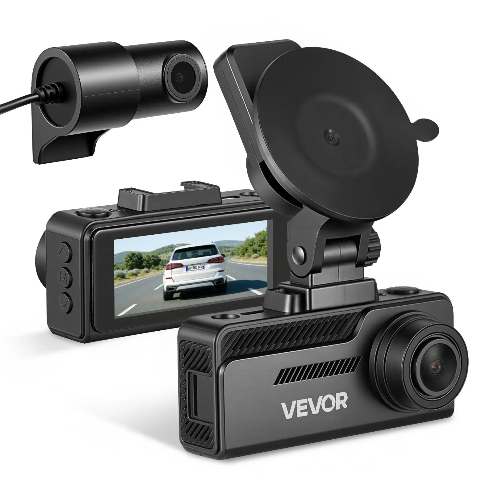 VEVOR auto videoreģistrators priekšējai un aizmugurējai kamerai 4K + 1080p, 32 GB karte komplektā, dubultkanālu kamera ar GPS, G-sensoru, 129°/125° skata leņķi, 80,8 mm ekrānu, ciklisko ierakstu un stāvvietas režīmu