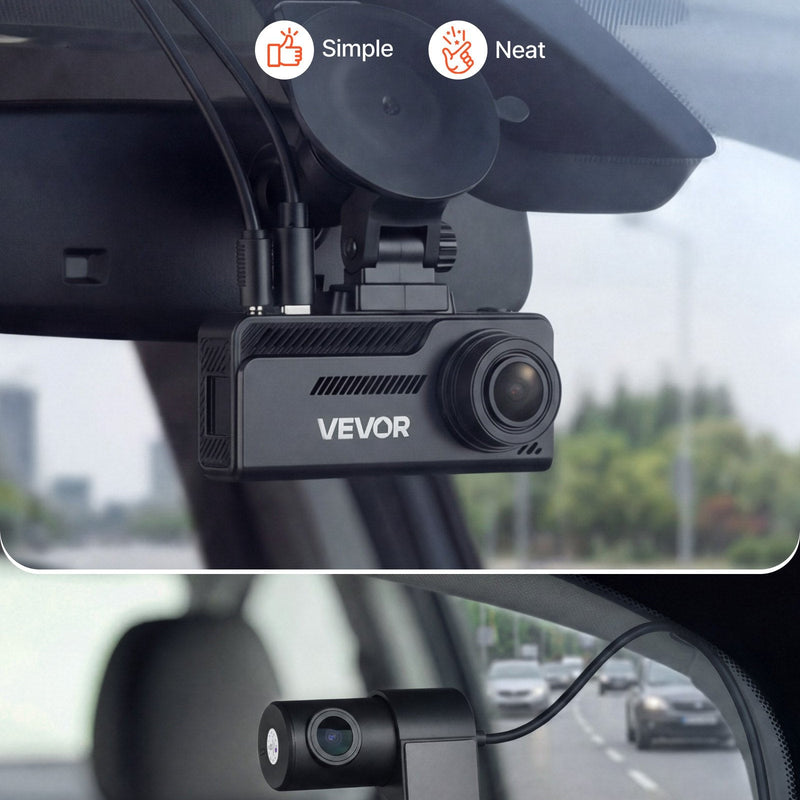 VEVOR auto videoreģistrators priekšējai un aizmugurējai kamerai 4K + 1080p, 32 GB karte komplektā, dubultkanālu kamera ar GPS, G-sensoru, 129°/125° skata leņķi, 80,8 mm ekrānu, ciklisko ierakstu un stāvvietas režīmu