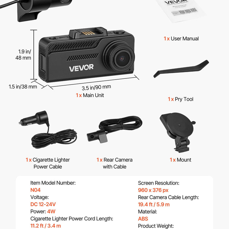 VEVOR auto videoreģistrators priekšējai un aizmugurējai kamerai 4K + 1080p, 32 GB karte komplektā, dubultkanālu kamera ar GPS, G-sensoru, 129°/125° skata leņķi, 80,8 mm ekrānu, ciklisko ierakstu un stāvvietas režīmu