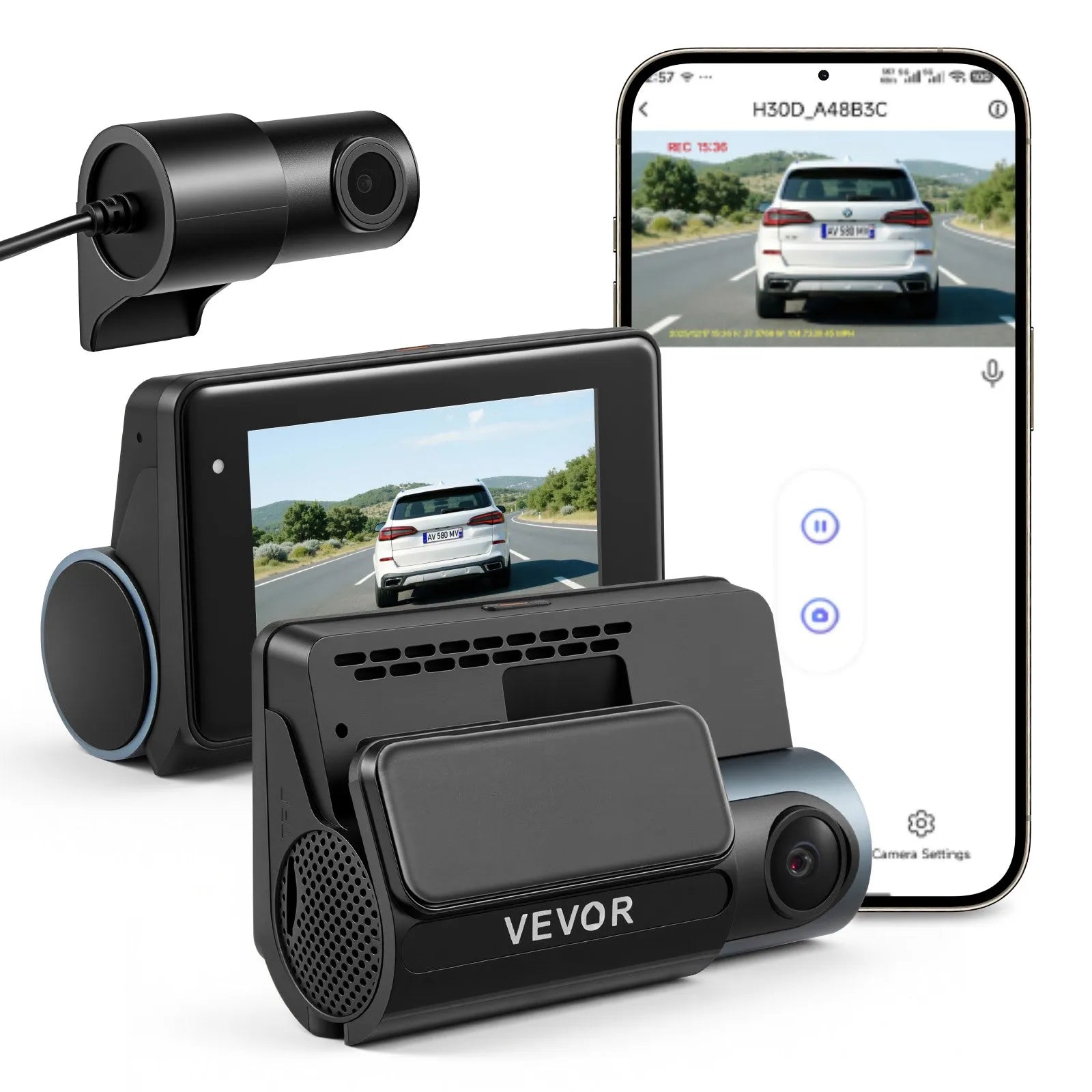VEVOR auto videoreģistrators ar priekšējo un aizmugurējo kameru 4K + 1080p, WiFi lietotnes vadība, dubultkanālu kamera ar GPS, G-sensoru, 123°/125° skata leņķi, 76,2 mm ekrānu, ciklisko ierakstu un stāvvietas režīmu