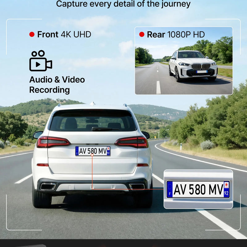 VEVOR auto videoreģistrators ar priekšējo un aizmugurējo kameru 4K + 1080p, WiFi lietotnes vadība, dubultkanālu kamera ar GPS, G-sensoru, 123°/125° skata leņķi, 76,2 mm ekrānu, ciklisko ierakstu un stāvvietas režīmu