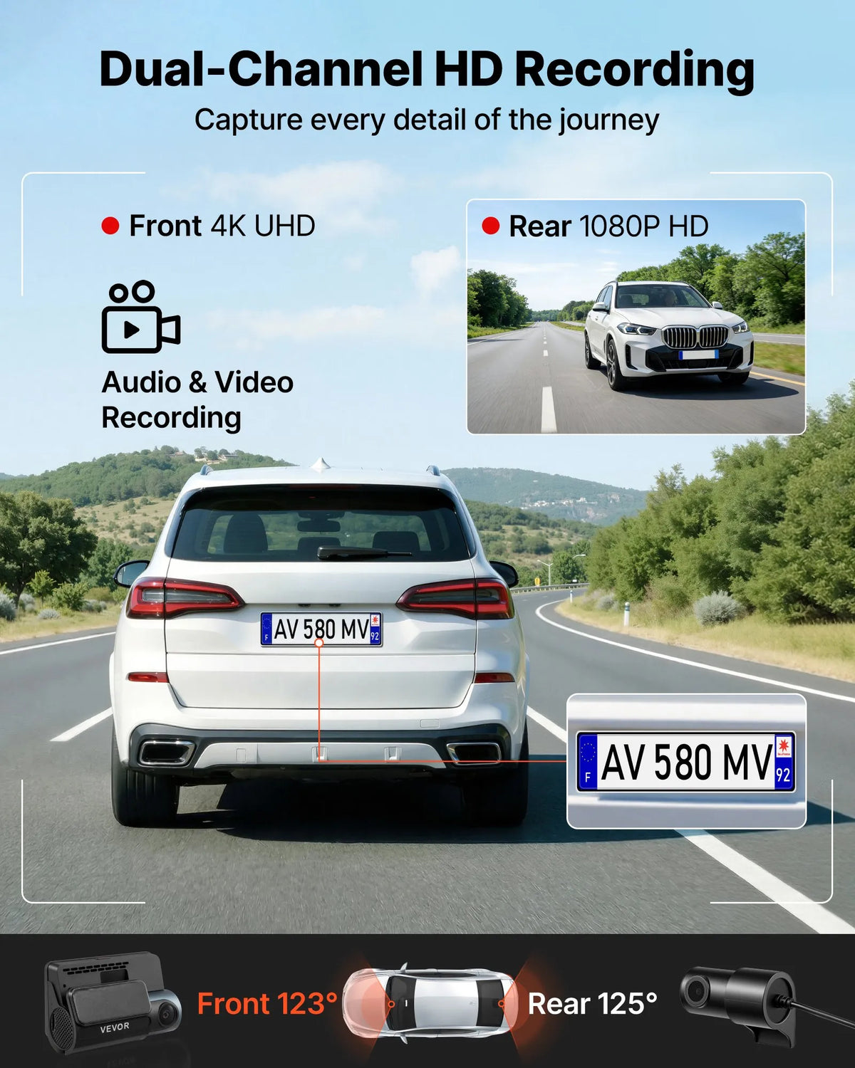 VEVOR auto videoreģistrators ar priekšējo un aizmugurējo kameru 4K + 1080p, WiFi lietotnes vadība, dubultkanālu kamera ar GPS, G-sensoru, 123°/125° skata leņķi, 76,2 mm ekrānu, ciklisko ierakstu un stāvvietas režīmu