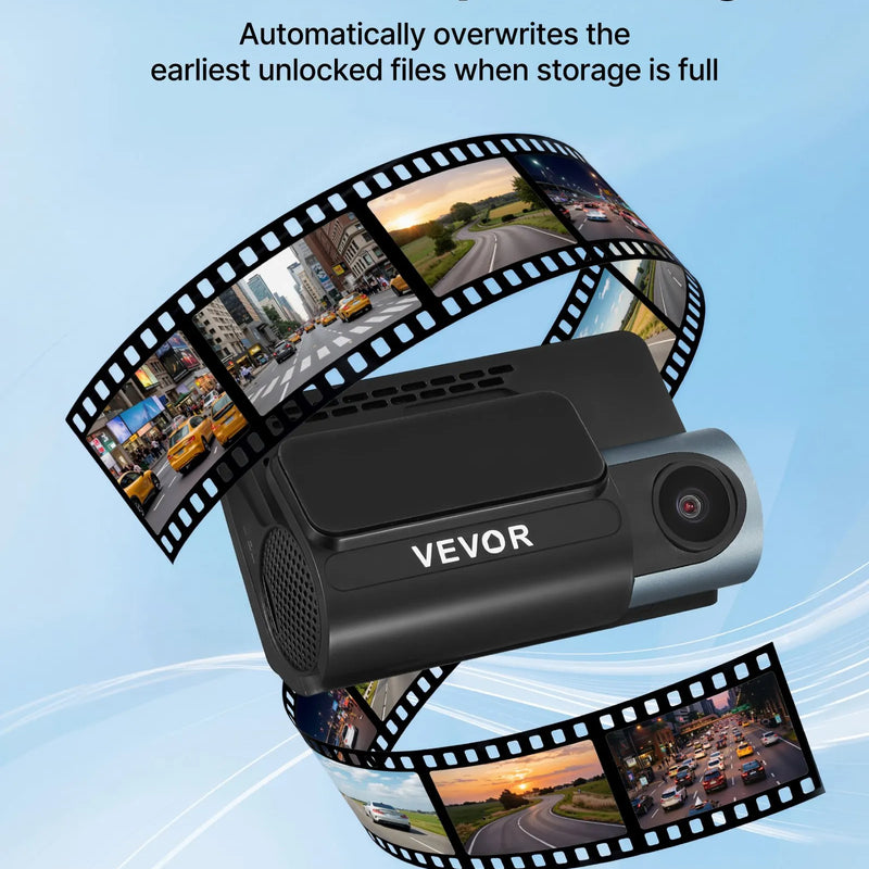 VEVOR auto videoreģistrators ar priekšējo un aizmugurējo kameru 4K + 1080p, WiFi lietotnes vadība, dubultkanālu kamera ar GPS, G-sensoru, 123°/125° skata leņķi, 76,2 mm ekrānu, ciklisko ierakstu un stāvvietas režīmu