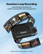VEVOR auto videoreģistrators ar priekšējo un aizmugurējo kameru 4K + 1080p, WiFi lietotnes vadība, dubultkanālu kamera ar GPS, G-sensoru, 123°/125° skata leņķi, 76,2 mm ekrānu, ciklisko ierakstu un stāvvietas režīmu