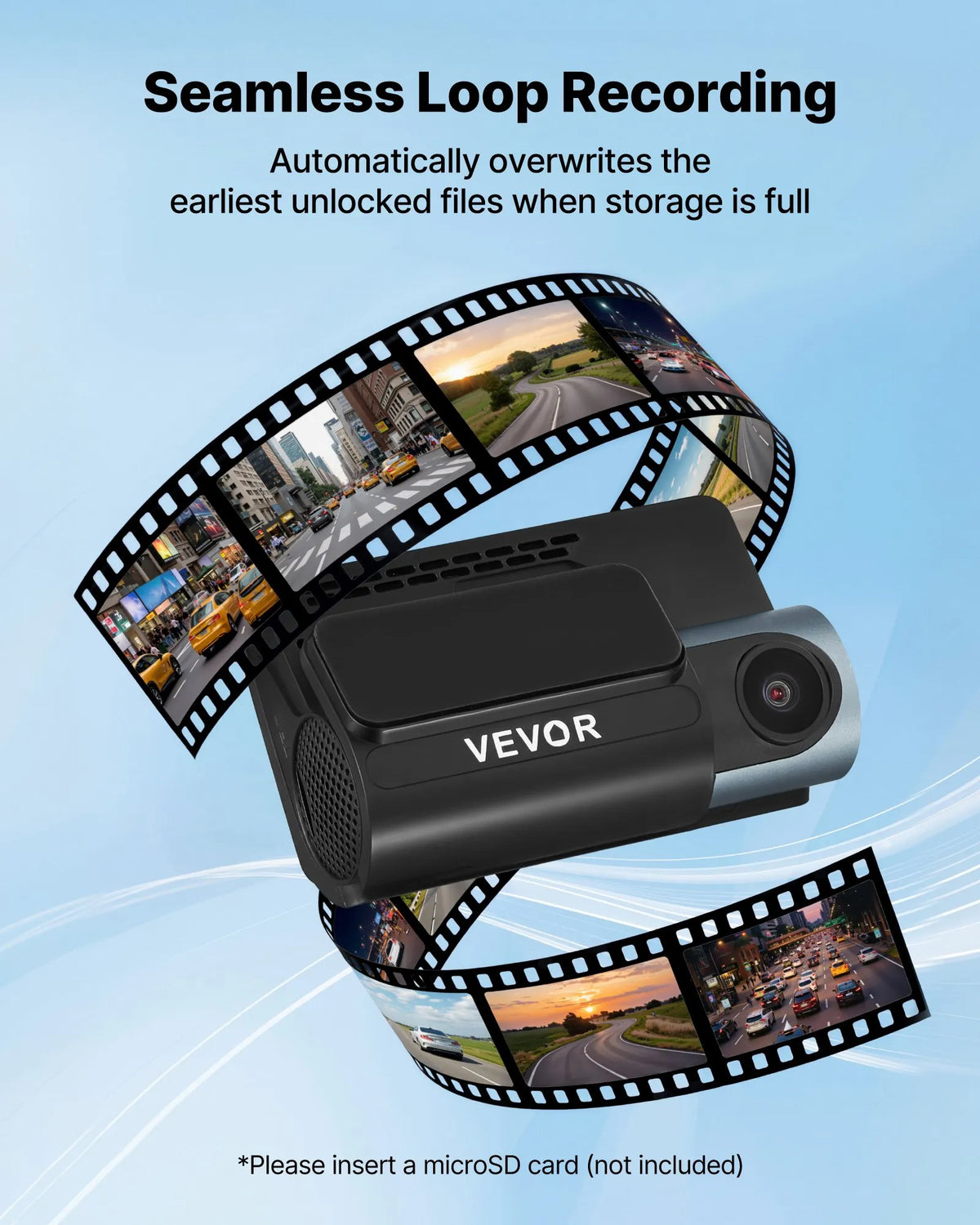 VEVOR auto videoreģistrators ar priekšējo un aizmugurējo kameru 4K + 1080p, WiFi lietotnes vadība, dubultkanālu kamera ar GPS, G-sensoru, 123°/125° skata leņķi, 76,2 mm ekrānu, ciklisko ierakstu un stāvvietas režīmu