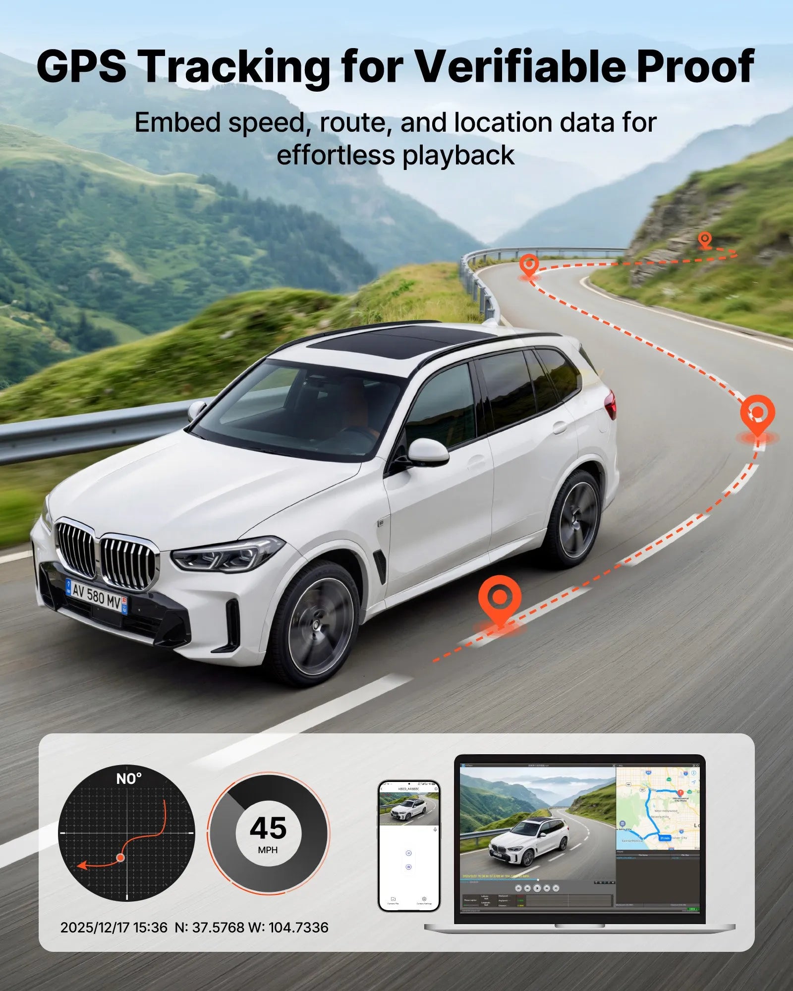 VEVOR auto videoreģistrators ar priekšējo un aizmugurējo kameru 4K + 1080p, WiFi lietotnes vadība, dubultkanālu kamera ar GPS, G-sensoru, 123°/125° skata leņķi, 76,2 mm ekrānu, ciklisko ierakstu un stāvvietas režīmu