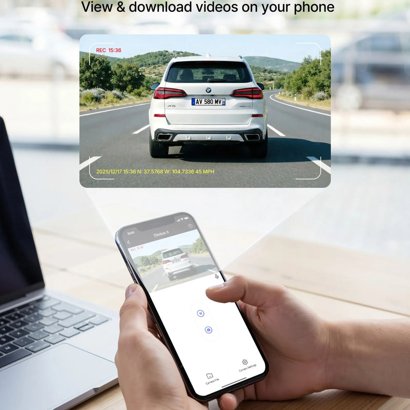 VEVOR auto videoreģistrators ar priekšējo un aizmugurējo kameru 4K + 1080p, WiFi lietotnes vadība, dubultkanālu kamera ar GPS, G-sensoru, 123°/125° skata leņķi, 76,2 mm ekrānu, ciklisko ierakstu un stāvvietas režīmu