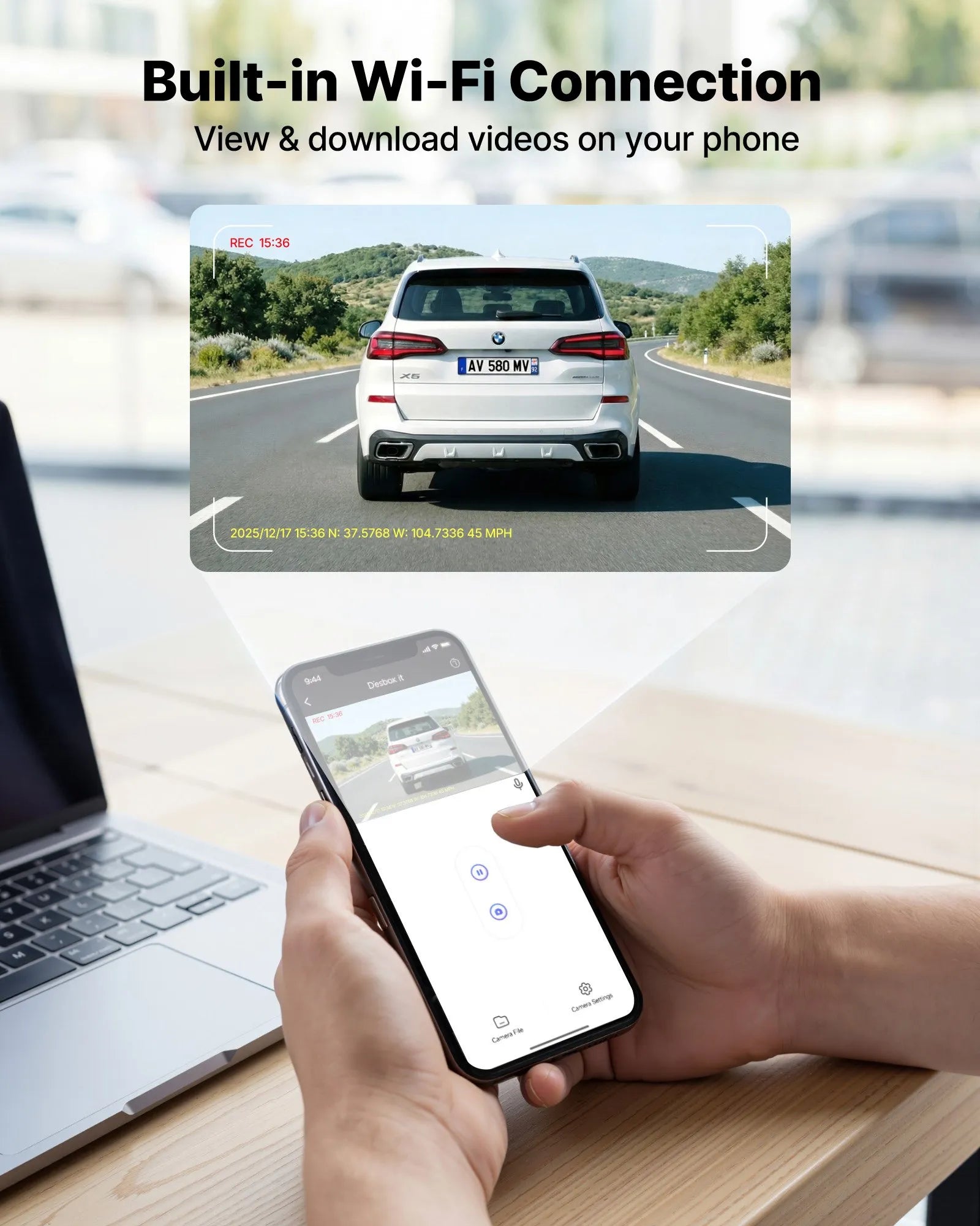 VEVOR auto videoreģistrators ar priekšējo un aizmugurējo kameru 4K + 1080p, WiFi lietotnes vadība, dubultkanālu kamera ar GPS, G-sensoru, 123°/125° skata leņķi, 76,2 mm ekrānu, ciklisko ierakstu un stāvvietas režīmu