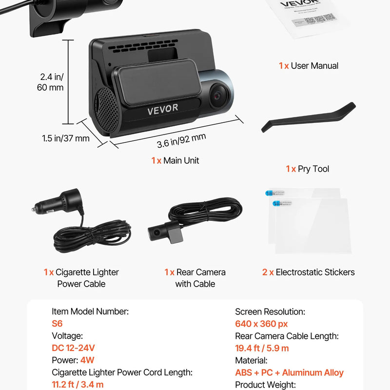 VEVOR auto videoreģistrators ar priekšējo un aizmugurējo kameru 4K + 1080p, WiFi lietotnes vadība, dubultkanālu kamera ar GPS, G-sensoru, 123°/125° skata leņķi, 76,2 mm ekrānu, ciklisko ierakstu un stāvvietas režīmu